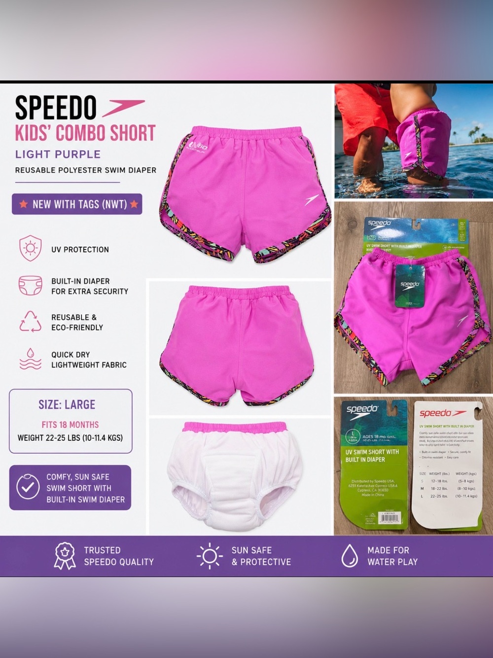 NWT Speedo Kids UV Swim Shorts Built-In Swim Diaper Size Large 18 Mn 22-25 lbs